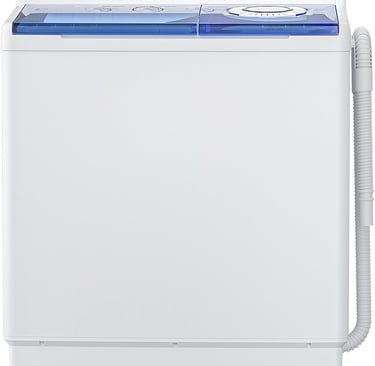 a portable washing machine with a blue top and white bottom