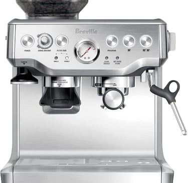 A stainless steel Breville Barista Express espresso machine with a built-in grinder.