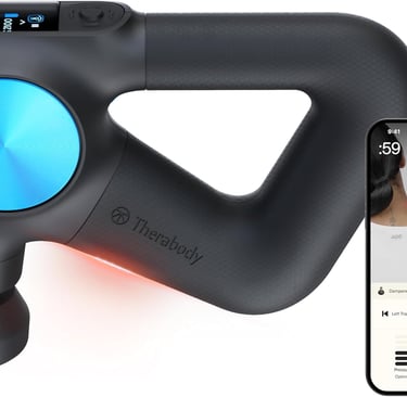 A professional-grade, gray and black Theragun PRO Plus percussion massage gun.