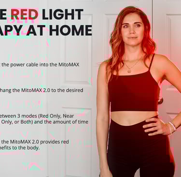 a woman in a black top and red bottom with  red light