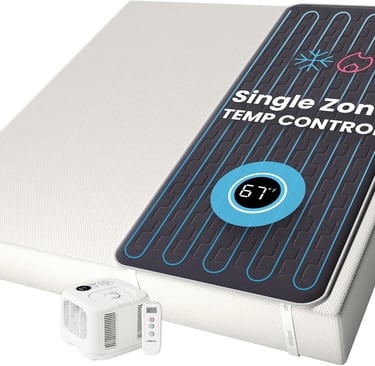 The ChiliPad Cube bed cooling system showing the control unit and mattress topper.