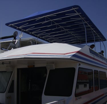 Houseboat Party Top install complete. Sunbrella Marine Fabric
