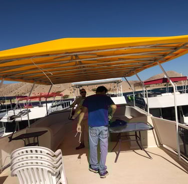 Houseboat Party Top replacement cover installed. Sunbrella Marine Fabric.