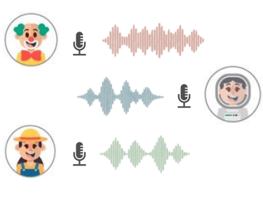 Illustration of multi-speaker AI text-to-speech: clown, astronaut, and farmer characters with voice