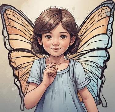 a girl with a butterfly wings on her head