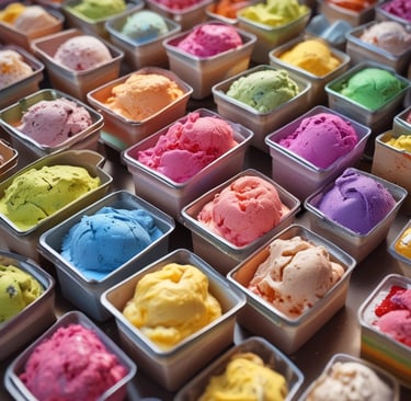 A variety of ice cream flavors displayed in metal containers inside a glass-topped freezer. Each flavor is labeled with circular tags, showing different colors and text. The ice creams include a mix of vibrant colors such as green, purple, and pink.