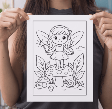 a girl with a fairy costume holding a coloring page