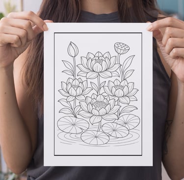 a woman holding up a drawing of a flower