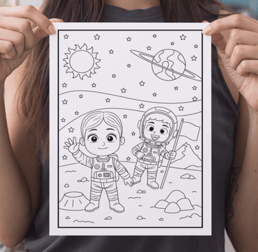 Kids astronauts coloring page on the moon