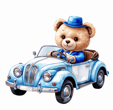 A cute, fluffy brown teddy bear wearing a blue suit, blue bowtie, and blue fedora hat is happily dri