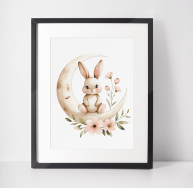 Framed nursery wall art mockup showing a watercolor bunny sitting on a crescent moon with blush flow