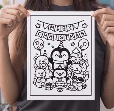 a woman holding up a card with a penguin and a penguin