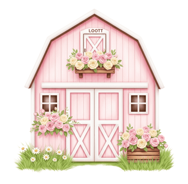 a pink barn with a flower potted in front of a barn