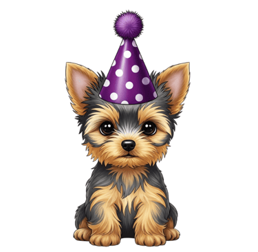 a dog wearing a party hat with a polka dot on it