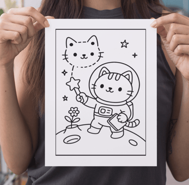 a woman holding a drawing of a cat