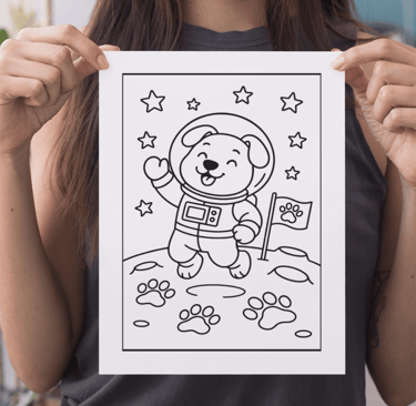 a woman holding a coloring book with a drawing of a bear