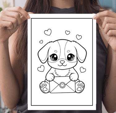 a woman holding a picture of a dog in a coloring book