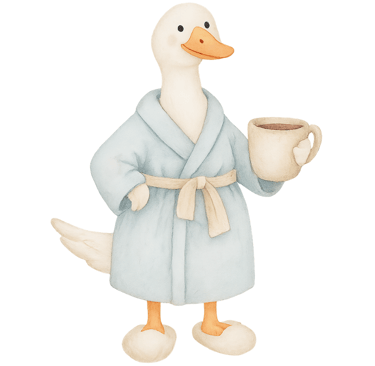 a duckling in a rober and a cup of coffee