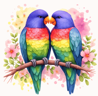 two colorful parrots sitting on a branch of a tree