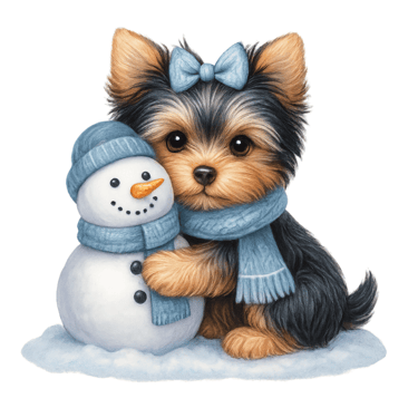 a dog sitting next to a snowman