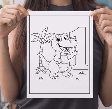a woman holding up a drawing of a dinosaur