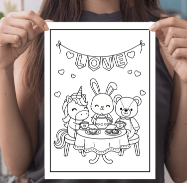 a woman holding a card with a drawing of a cartoon character