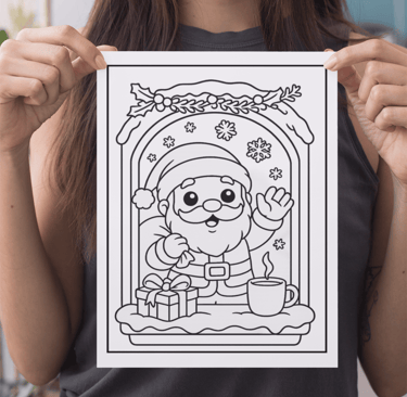 a woman holding a coloring book with a santa clause