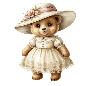 a teddy bear dressed in a white dress and hat