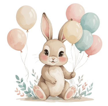 Cute watercolor bunny holding pastel balloons, sitting among soft leaves.