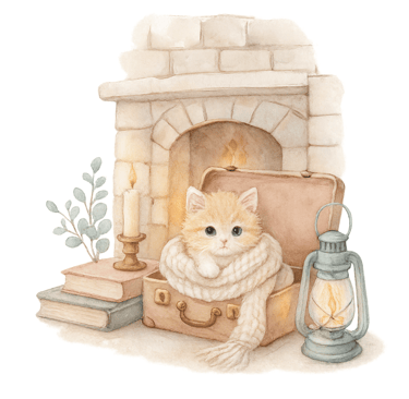 a cat sitting on a suitcase with a lantern