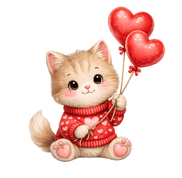 a kitten with a heart shaped balloon attached to a cat