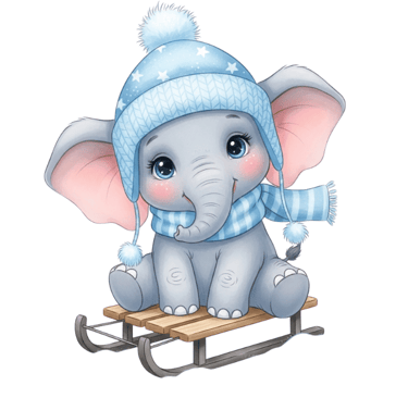 a baby elephant sitting on a sled with a blue hat