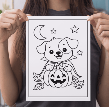 a woman holding a halloween coloring page for a coloring page