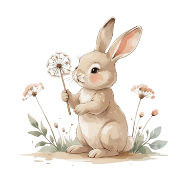 Cute watercolor bunny holding a dandelion, surrounded by soft pastel flowers and leaves on a white b
