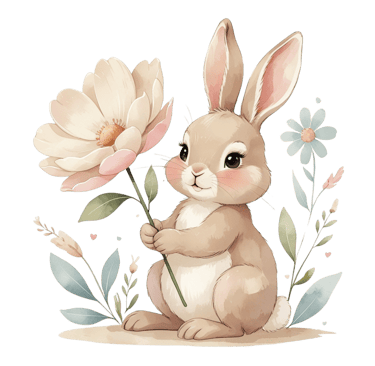 Cute bunny holding a large white flower, surrounded by small pastel blossoms and leaves, soft waterc