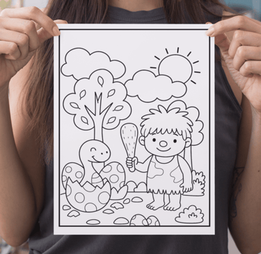 a woman holding up a coloring book with a drawing of a girl