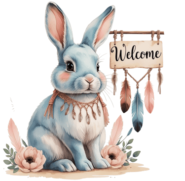 a rabbit rabbit with a welcome sign on a white background