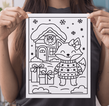 a woman holding a paper cutout of a christmas card