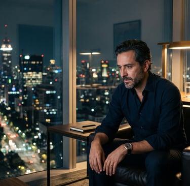 Ejecutivo latino de 45 años con cansancio constante trabajando de noche en oficina