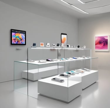 The image features a modern electronics store interior with wooden tables displaying various laptop models. Several people are present, some trying out devices while others converse. Large promotional images of smartwatches and smartphones are visible on the walls, adding to the store's sleek and innovative atmosphere.