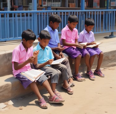 Three children sit on a bench, engaged in different activities. The child on the left, wearing a purple shirt, is reading a book. The child in the center, wearing a pink shirt, is holding papers and looking at the child on the right, who wears a light blue jacket and appears to be tying a string. Behind them, there are colorful posters with text and images. A large water container and a small orange can are on the ground nearby.