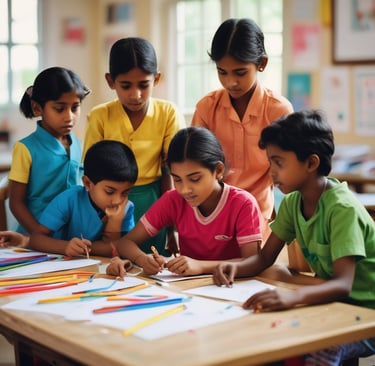 Three children are gathered around a table, intently focused on a colorful activity involving thin, colored sticks. The children appear to be in a classroom or home setting, with kitchen items and writing on a whiteboard visible in the background.