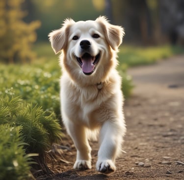 A colorful pet store section with a vibrant blue and yellow floral theme. Shelves are filled with pet party kits, grooming products, and toys. A plush cushion shaped like a flower with a smiley face is placed in the corner along with stuffed animals resembling dogs and lions. The area is labeled as 'Pet Zone' with a prominent sign.