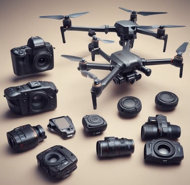 A drone is flying in the center of a clear sky. The drone is white with a camera attached to its underside, indicating it might be used for aerial photography.