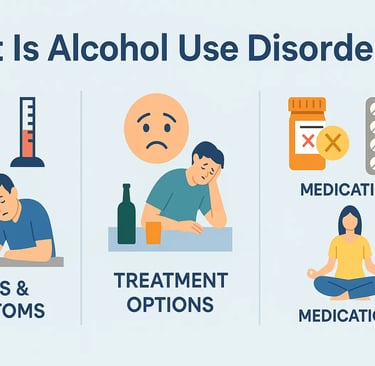 Illustration showing signs, symptoms, and treatment options for Alcohol Use Disorder (AUD)