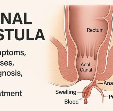 Illustration showing the anatomy and common symptoms of anal fistula in adults