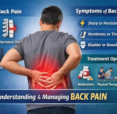 Infographic showing causes, symptoms, and treatment options for back pain