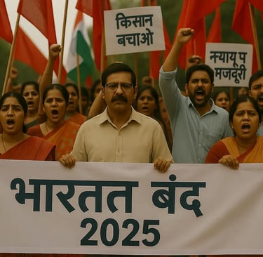 Protesters during Bharat Bandh 2025 in India carrying banners