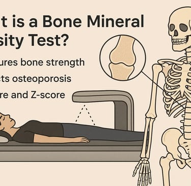 Illustration showing a woman undergoing a bone mineral density test using a DEXA scan machine