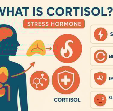 Illustration showing cortisol hormone functions, stress response, and adrenal gland regulation.